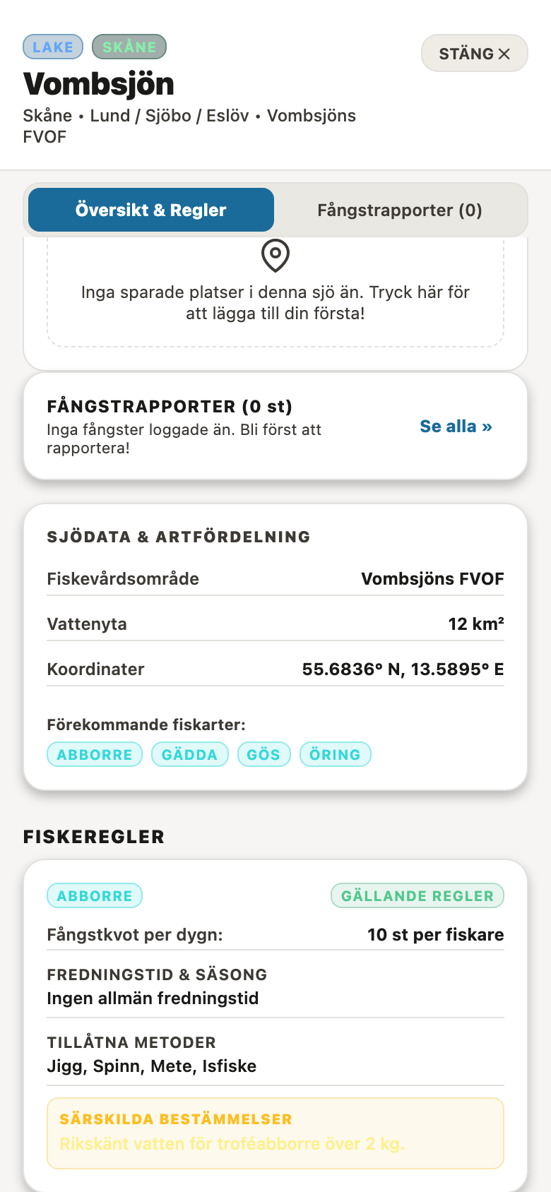 Lokala fiskeregler och mått i HuggKartan