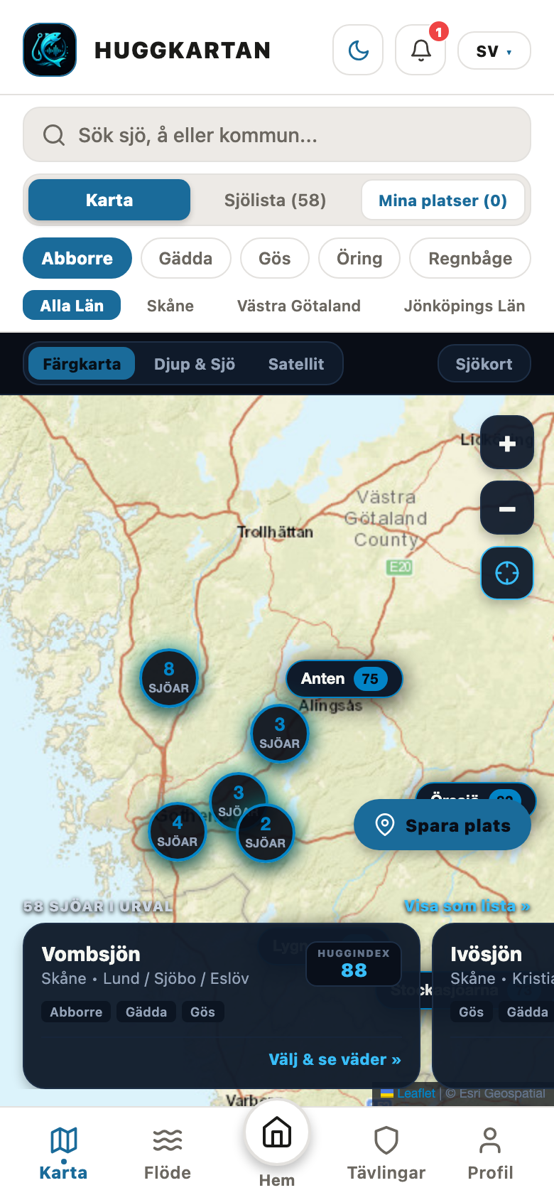 Fiskekarta över Sverige i HuggKartan